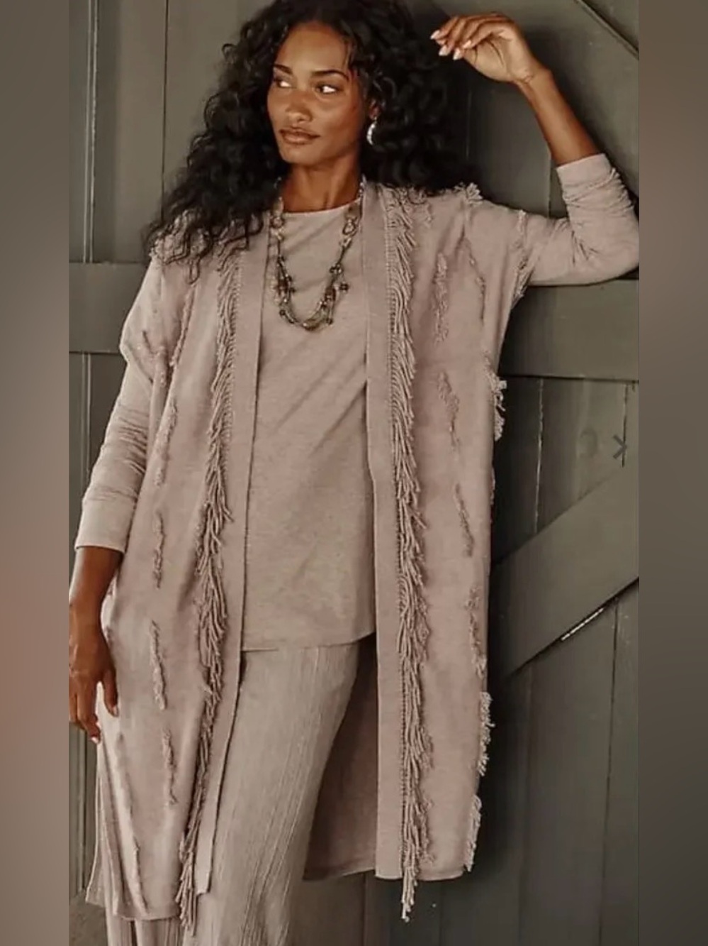 Pure Jill Fringe Gilet Duster Cardigan and Matching Pants In Light Mocha Heather